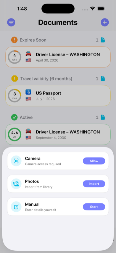 RenewalKit options for adding a document by camera, Passport NFC, Photos, or manual entry