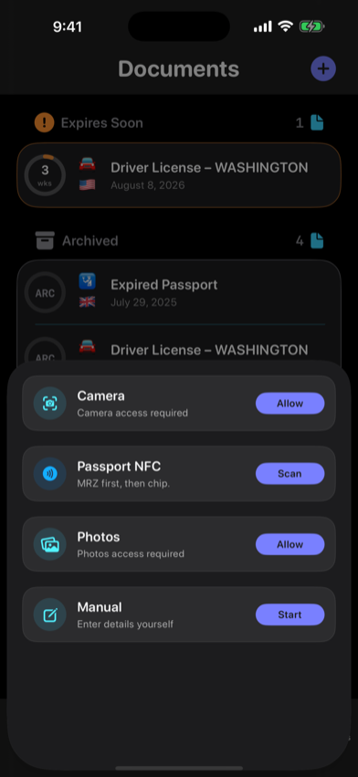 RenewalKit options for adding a document by camera, Passport NFC, Photos, or manual entry