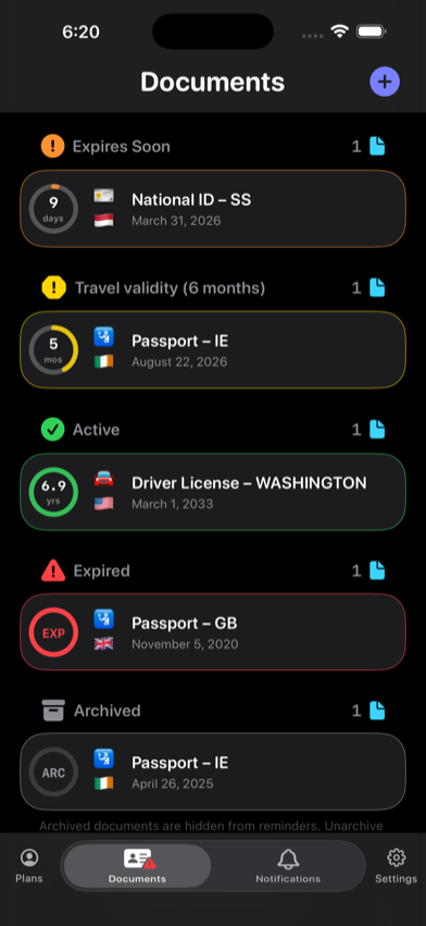 RenewalKit Documents screen grouping sample records by active, expiring soon, expired, and archived status